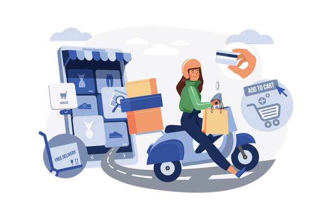 Delivery woman delivers online order Illustration