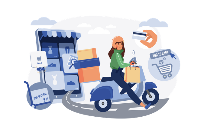 Delivery woman delivers online order  Illustration