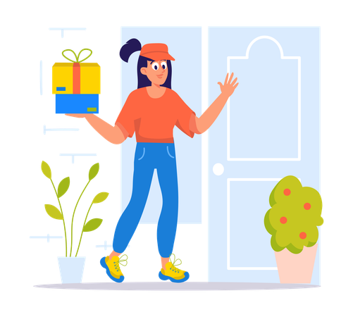 Delivery woman delivers product on time  Illustration