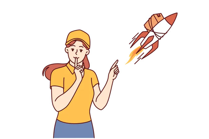 Woman Courier Near Rocket With Package Puts Finger To Mouth Offering Express Delivery Services Girl From Courier Service Promises To Quickly Deliver Goods Thanks To Well Functioning Logistics Chains Illustration