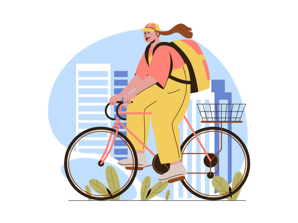 Delivery woman with parcel on bicycle  Illustration