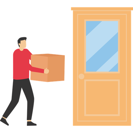 Delivery worker holding package at door  Illustration