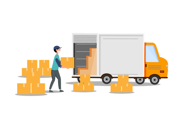Delivery worker loading boxes in truck  Illustration
