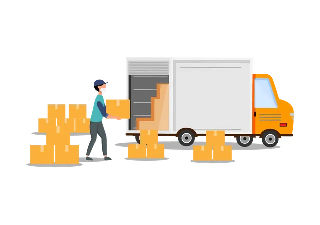 Delivery worker loading boxes in truck  Illustration