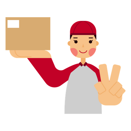 Deliveryman carrying box while showing peace sign Illustration