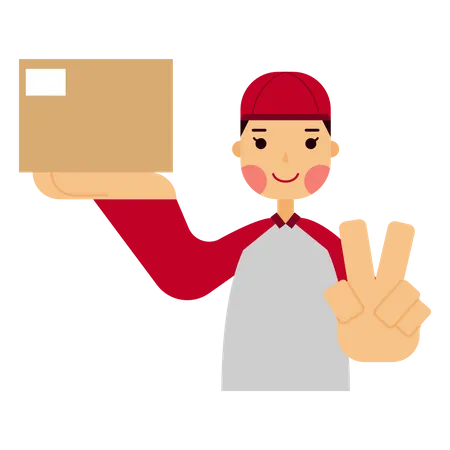 Deliveryman carrying box while showing peace sign Illustration