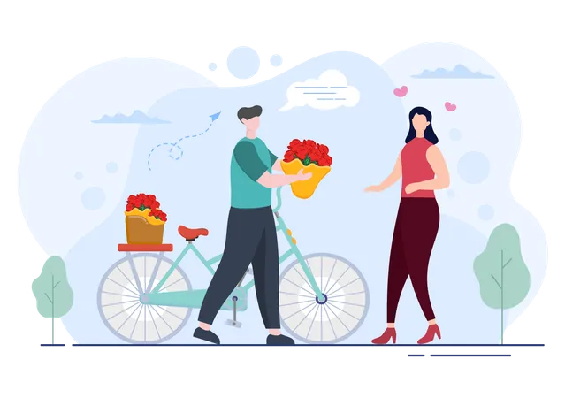Deliveryman delivering flowers on cycle Illustration