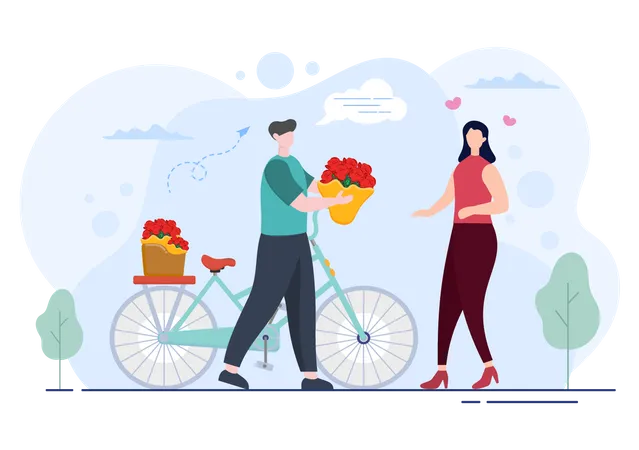 Deliveryman delivering flowers on cycle  Illustration