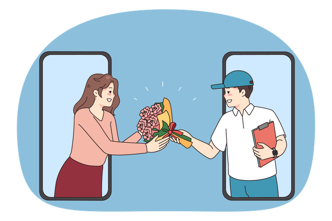 Deliveryman give flowers to woman through cell screen  Illustration