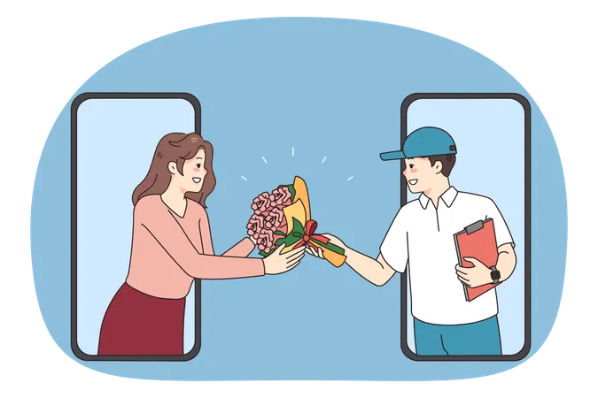 Deliveryman give flowers to woman through cell screen  Illustration