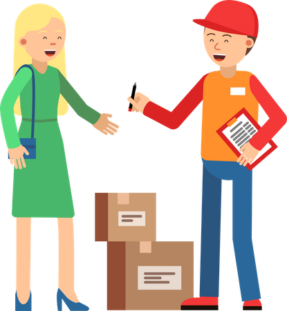 Deliveryman giving package to girl  Illustration