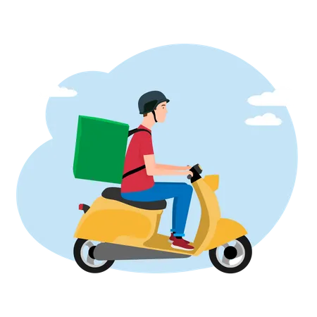 Man On A Yellow Motorcycle Making A Delivery Of A Package From A Store Or Online Store Illustration