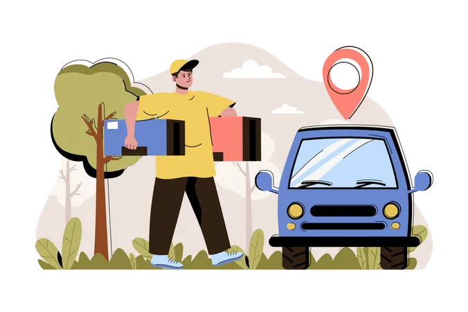 Order Delivery Concept Courier Carries Parcels To Car For Delivery To Client Situation Express Shipping People Scene Vector Illustration With Flat Character Design For Website And Mobile Site Illustration