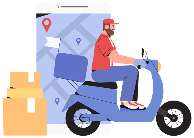 Online Contactless Delivery Service For Commercial And Private Interests Banner Landing Page Courier On Scooter Delivering Package To Client Smartphone With Mobile Application For Delivery Tracking Illustration