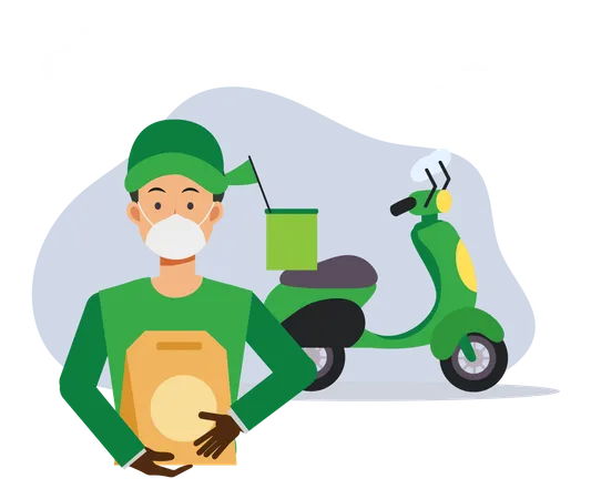 Food Delivery Service Concept Male Food Delivery Worker Is Delivery Paperbag Of Food To You Flat Vector Cartoon Illustration Illustration