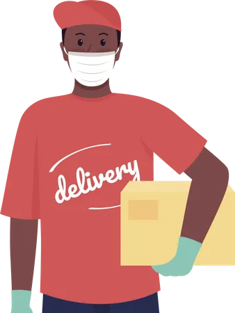 Deliveryman In Medical Mask Semi Flat Color Vector Character Courier With Package Figure Delivering Parcels And Messages Isolated Modern Cartoon Style Illustration For Graphic Design And Animation Illustration