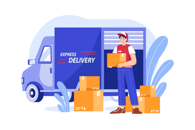 Deliveryman loading boxes in truck  Illustration