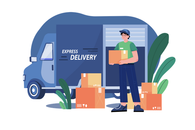 Deliveryman loading boxes in truck  イラスト