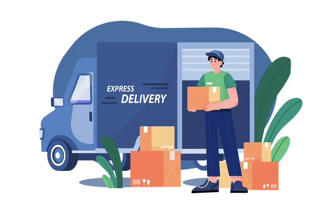 Deliveryman loading boxes in truck  イラスト