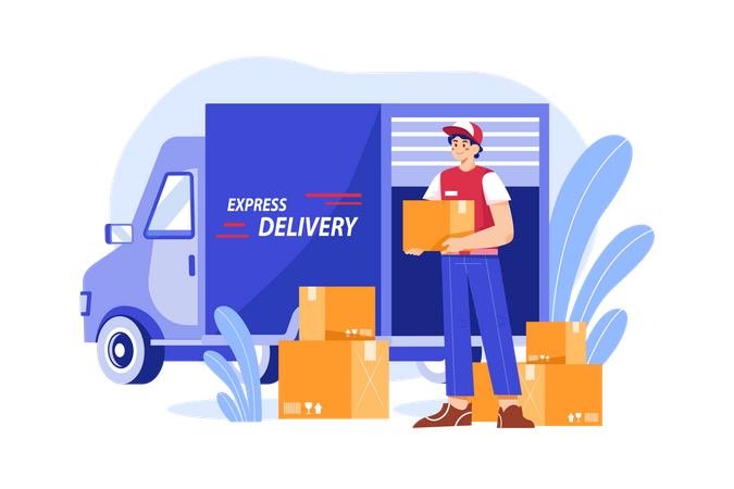 Deliveryman loading boxes in truck  Illustration