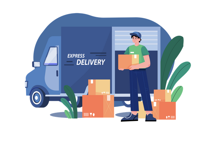 Deliveryman loading boxes in truck  Illustration