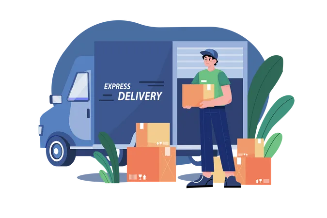 Deliveryman loading boxes in truck  Illustration