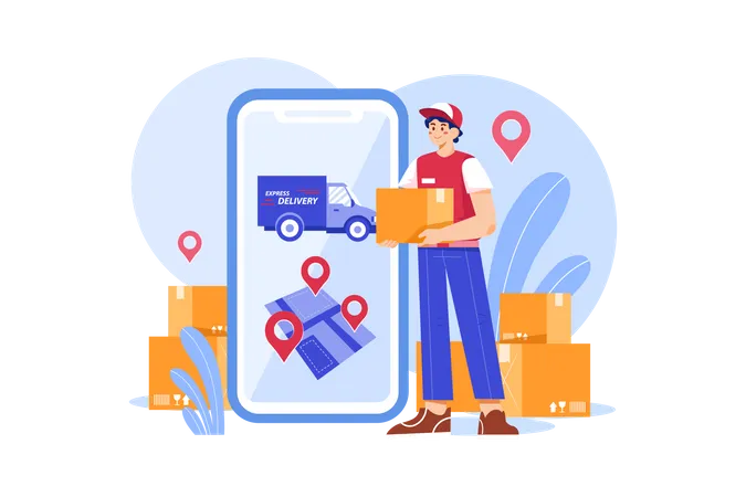 Deliveryman looking at delivery location  Illustration