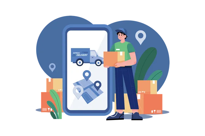 Smartphone With A Delivery Truck Express Delivery Courier Holding A Cardboard Box Illustration