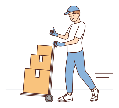 Deliveryman pushing boxes cart Illustration