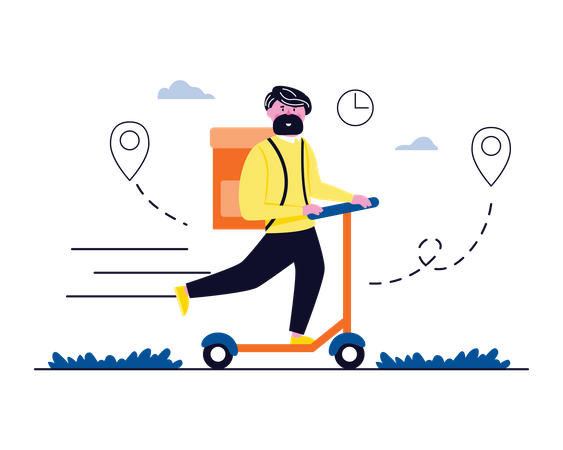 Deliveryman riding kick scooter  Illustration