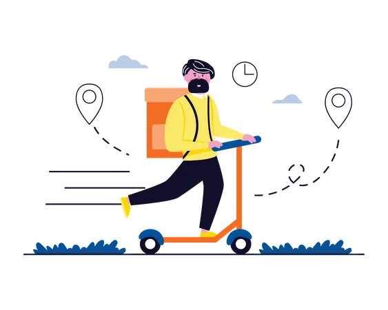 Deliveryman riding kick scooter  Illustration