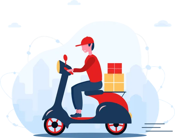 Online Delivery Service Concept Home And Office Scooter With Fast Courier Shipping Restaurant Food And Mail Modern Vector Illustration In Flat Cartoon Style Illustration