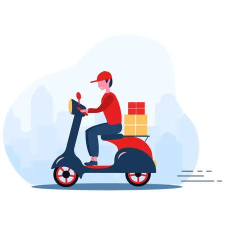 Online Food Order Grocery Delivery A Woman Shop At An Online Store Fast Courier On The Scooter Shopping Basket Stay At Home Quarantine Or Self Isolation Flat Cartoon Style Illustration
