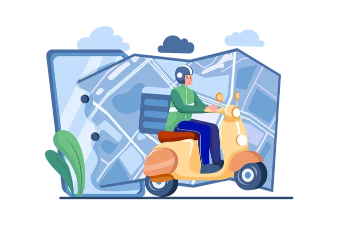 Customers Ordering On Mobile Application The Motorcyclist Goes According To The GPS Map Illustration
