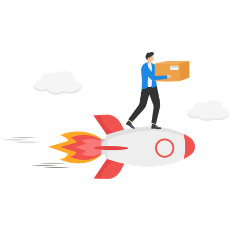 Deliveryman sitting on rocket and holding cardboard boxes  Illustration