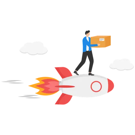 Deliveryman sitting on rocket and holding cardboard boxes  Illustration