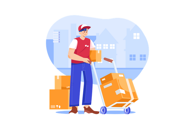 Deliveryman wheeling trolley with carton boxes  Illustration