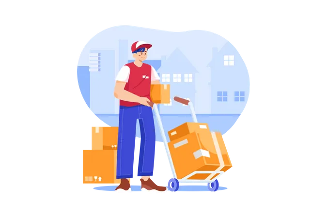 Deliveryman wheeling trolley with carton boxes  Illustration