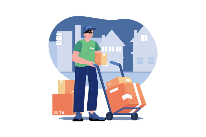 Deliveryman wheeling trolley with carton boxes  Illustration