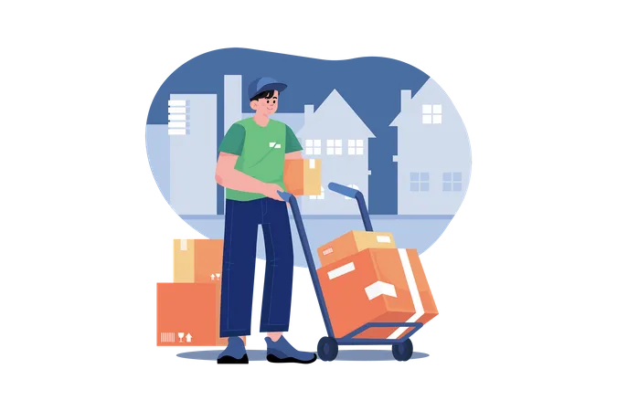 Deliveryman wheeling trolley with carton boxes  Illustration