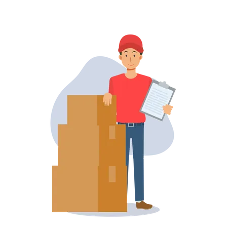 Deliveryman with list and boxes  Illustration