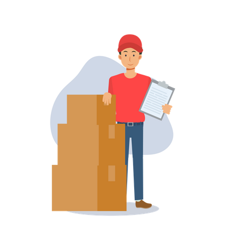 Deliveryman with list and boxes  Illustration