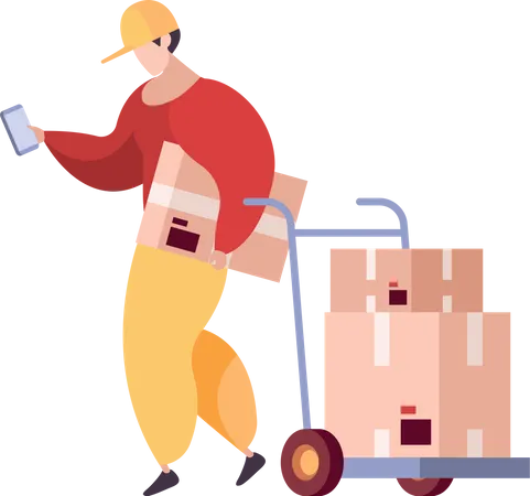 Deliveryman with parcel trolley  Illustration