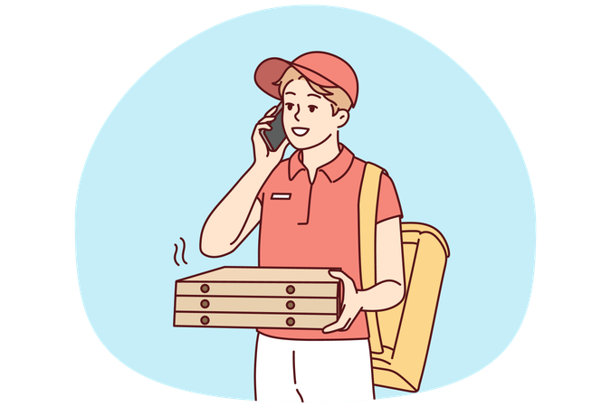 Deliveryman with pizza boxes calling client  Illustration