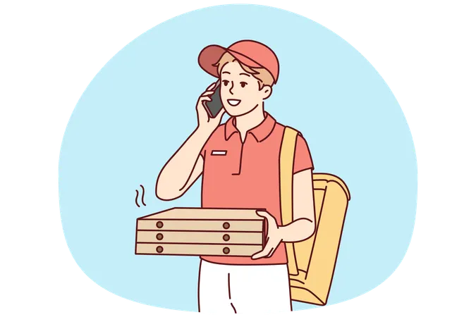 Deliveryman with pizza boxes calling client  Illustration