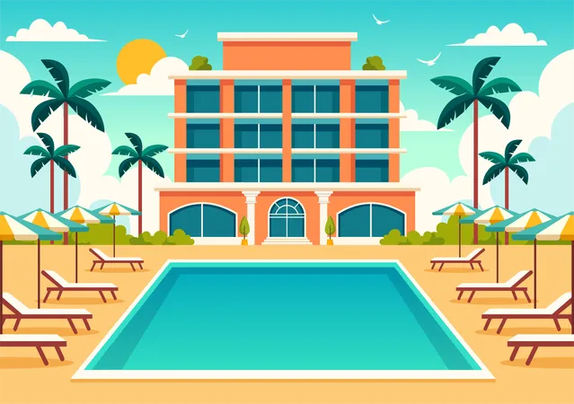 Hotel Vector Illustration Of Interior And Exterior With Building On Green Grass Beach And Promenade Street And Palm Trees In Flat Cartoon Background Illustration