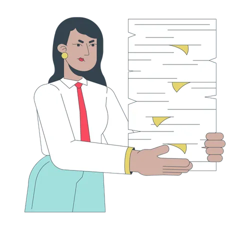 Demanding Boss Delegating More Tasks 2 D Linear Cartoon Character Annoyed Indian Female Manager Isolated Line Vector Person White Background Holding Papers Pile Color Flat Spot Illustration Illustration