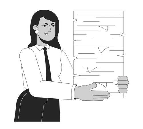 Demanding Boss Delegating More Tasks Black And White 2 D Line Cartoon Character Annoyed Indian Female Manager Isolated Vector Outline Person Holding Papers Pile Monochromatic Flat Spot Illustration Illustration