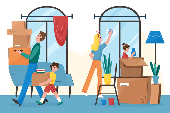 Famille déménageant dans un nouvel appartement  Illustration