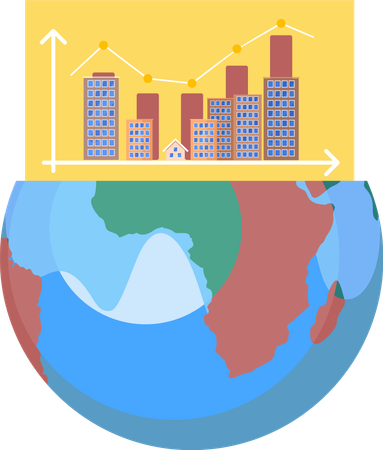 Demi-monde avec graphique ascendant des diagrammes statistiques des bâtiments de la ville  Illustration